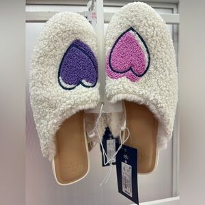 Roller Rabbit White Sherpa Slippers/ house shoes  with Purple and Pink Hearts